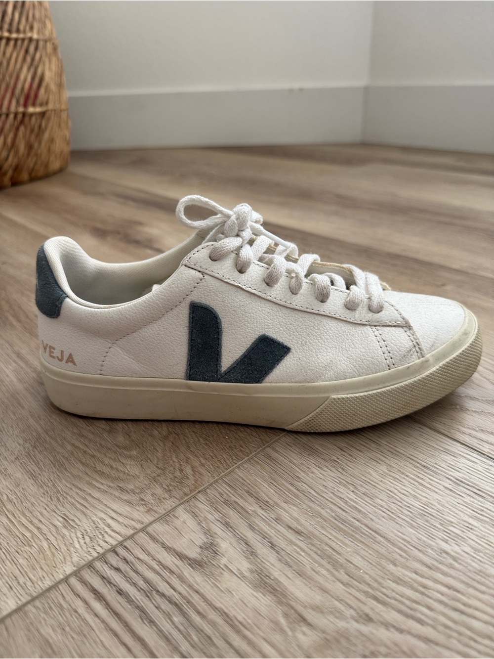 Veja Women's Cream Leather Low-Top Sneaker with Blue V
